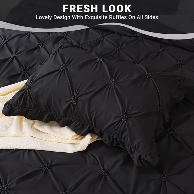 JOLLYVOGUE Queen Comforter Set 7 Pieces, Black Bed in a Bag Comforter Set for Bedroom, Bedding Comforter Sets with Comforter, Sheets,Ruffled Shams & Pillowcases