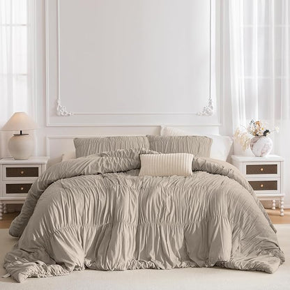 Lady Ann Queen Size Boho Comforter Sets - Linen Feel Ruched Bedroom Sets, 3 Piece Fluffy Bedding Comforter Sets, Ultra Soft & Luxurious All Season Boho Bedding Sets for Women Men