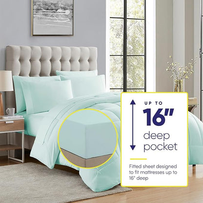 Sweet Home Collection 7 Piece Comforter Set Bag Solid Color All Season Soft Down Alternative Blanket & Luxurious Microfiber Bed Sheets, Aqua, Twin