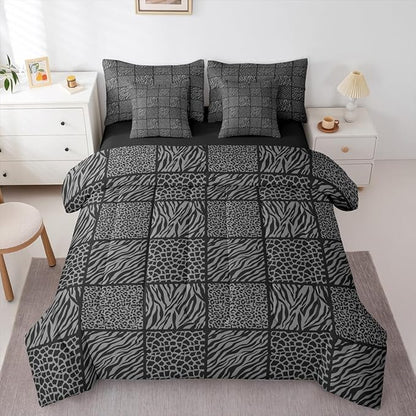 Castle Fairy Wildlife Animals Fur Print Comforter Set in a Bag 7 Pieces,Leopard Cheetah Zebra Skin Bedding Set for Kids,E3(Comforter+Fitted+Flat Sheet+2 Pillowcases+2 Throw Pillow Covers),Twin