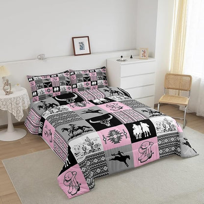 Western Comforter Set Queen Size,Cowgirl Bull Skull Cactus Print Bedding Set,Grey Pink Patchwork Plaid Striped Quilt Set for Kids Girls Women Boys Room Decor,Rustic Country Duvet Insert 3Pcs
