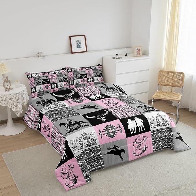 Western Comforter Set Twin Size,Cowgirl Bull Skull Cactus Print Bedding Set,Grey Pink Patchwork Plaid Striped Quilt Set for Kids Girls Women Boys Room Decor,Rustic Country Duvet Insert 2Pcs