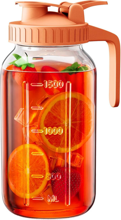 64 oz Glass Pitcher with Lid, Large Wide Mouth Mason Jar with Pour Spout, Orange Sun Tea Glass Jar for Outside, Lemonade Pitcher Great for Drink, Cold Beverages and Breast Milk