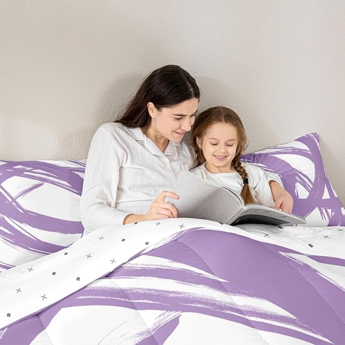 Purple and White Abstarct Comforter Set Twin Size for Kids Boys Girs,Graffiti Stripes Lines Bedding Set,Aesthetic Geometric Duvet Insert for Minimalists,Contemporary Boho Modern Art Quilt
