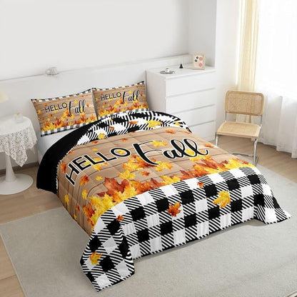 Fall Thanksgiving Bedding Set King Autumn Harvest Seasonal Comforter Set Gifts For Kids Teen Adults,Black White Buffalo Plaid Checkered Comforter Rustic Farmhouse Quilt Bedding Brown 2 Pillow Cases
