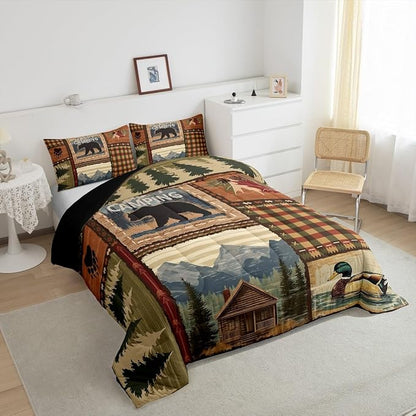 Erosebridal Camping Comforter Set King,Camper RV Bedding Set for Kids Boys Girls,Vintage Wood Bedding Comforter Sets Cabin Bedroom Decor,Jungle Tree Animal Bed Sets with 2 Pillowcases
