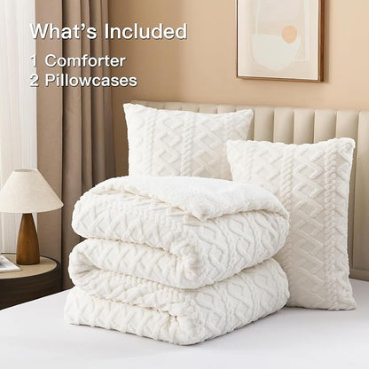 Andency Fluffy Sherpa Full Comforter Set, Super Soft White Fleece Warm Bedding for Winter, Luxury Jacquard Boho Thick Fuzzy Plush Bed Set 3 Pieces(1 Shaggy Comforter, 2 Pillowcases)