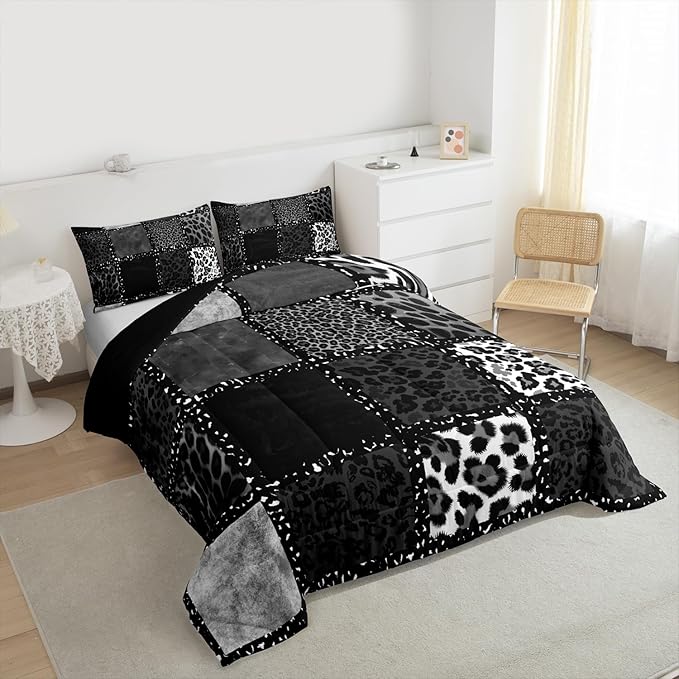 Erosebridal Grey Leopard Print Twin Comforter Set for Kids Boys Girls,Animal Skin Texture Bedding Set,Patchwork Geometric Duvet Insert,Farmhouse Bed Set for All Season