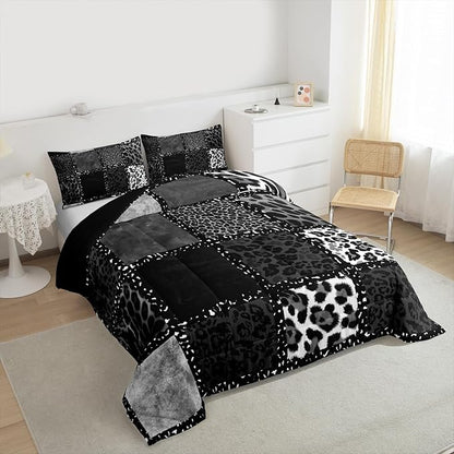 Erosebridal Grey Leopard Print Queen Comforter Set for Kids Teens Adults,Animal Skin Texture Bedding Set,Patchwork Geometric Duvet Insert,Farmhouse Bed Set for All Season