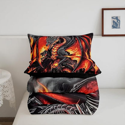 Erosebridal Dragon Toddler Size Bedding Set, Ancient Animal Comforter Set for Adult Men Room, Black Gold Wildlife Down Comforter, Lightweight Quilt, Breathable Room Decor
