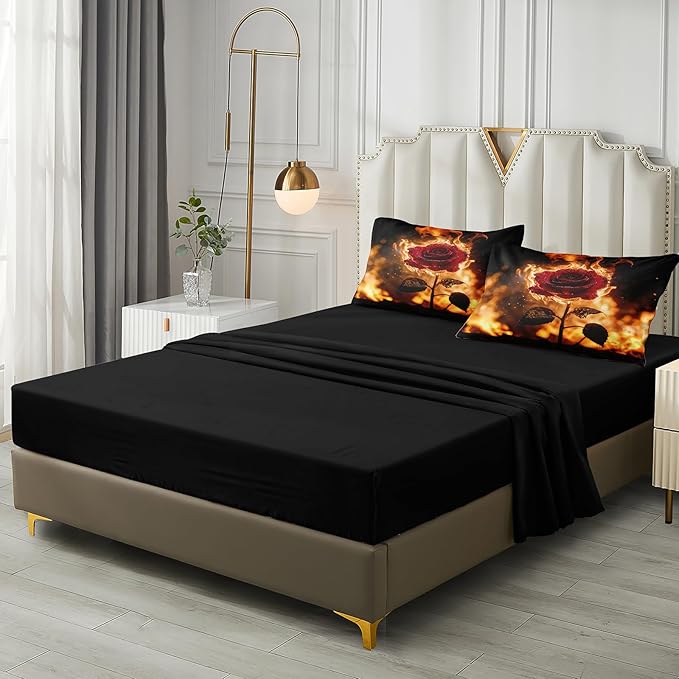 Black Red Comforter Set Fire Rose Romantic Bedding Set Red Rose Flower Floral Orange Flame Bedding Love Couple Comforter Black King Bed in A Bag