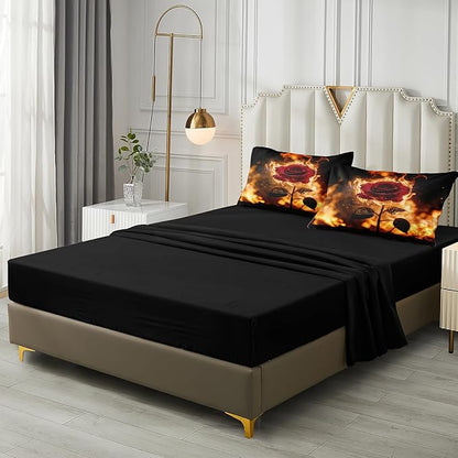 Black Red Comforter Set Fire Rose Romantic Bedding Set Red Rose Flower Floral Orange Flame Bedding Love Couple Comforter Black King Bed in A Bag