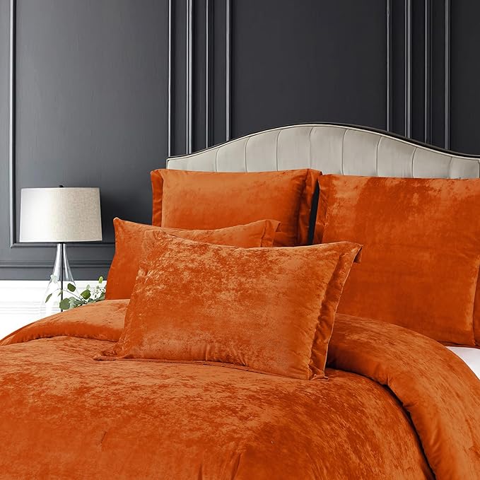 Sunshine Nicole Distressed Velvet Comforter Set, Distressed Velvet Face and Brushed Solid Microfiber Reverse, with Light Weight Soft Poly Fill, 5 Pieces Terracotta, Queen