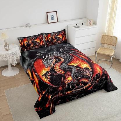 Erosebridal Dragon Queen Size Bedding Set, Ancient Animal Comforter Set for Adult Men Room, Black Gold Wildlife Down Comforter, Lightweight Quilt, Breathable Room Decor