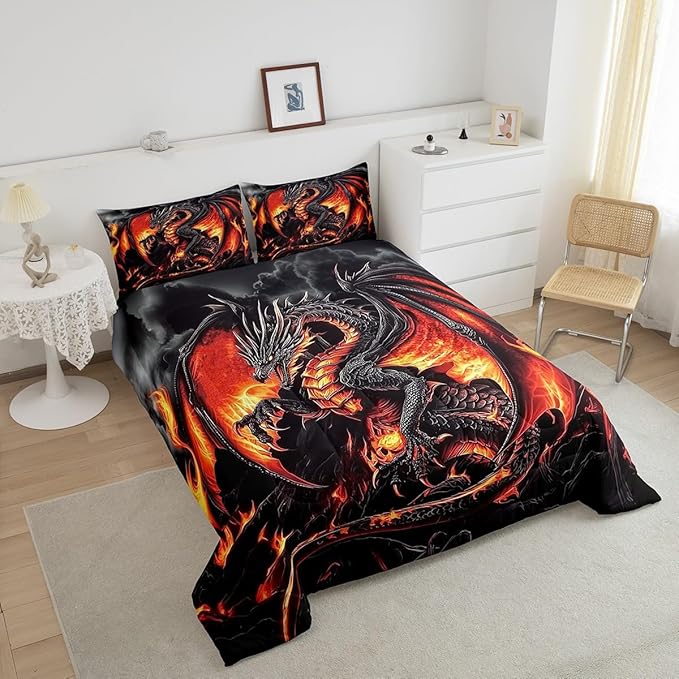 Erosebridal Dragon Toddler Size Bedding Set, Ancient Animal Comforter Set for Adult Men Room, Black Gold Wildlife Down Comforter, Lightweight Quilt, Breathable Room Decor