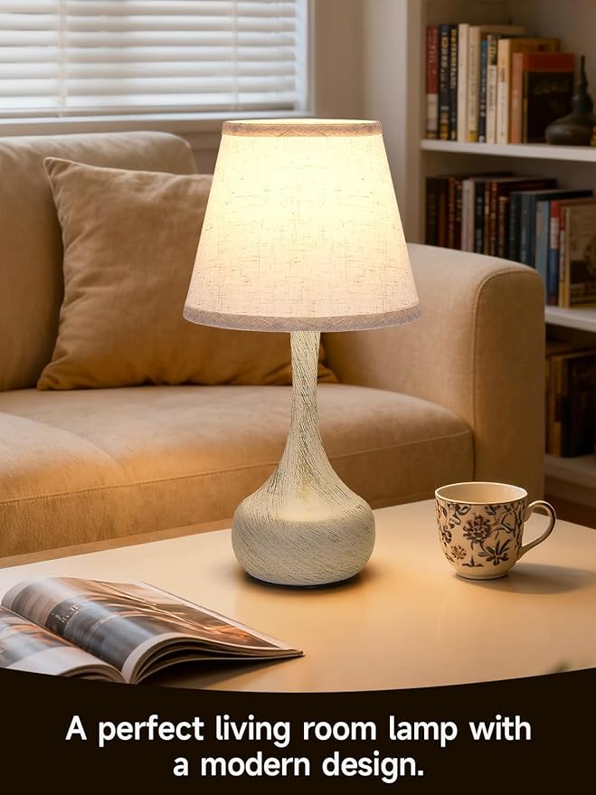 3-Way Dimmable Touch Table Lamps for Nightstand - Small Bedside Lamps with Fabric Shade in Black, Farmhouse Style Desk Lamp for Bedroom, Kids Room, Living Room, Home Office & Reading (White)