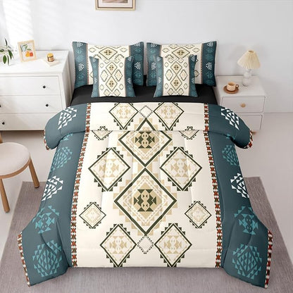 Erosebridal Rustic Southwestern 7 Piece Bedding Set Queen Western Aztec Comforter Set Exotic Tribal Geometric Aesthetic Bed in A Bag Bohemian Ethnic Native Quilt with Flat Fitted Sheet Cabin Decor