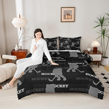Manfei Ice Hockey Kids Comforter Set Full Size, Bedding Set,Girls Boys Room Decor,Winter Sports Modern Quilt Comforter,Black Gray Duvet Set Bedroom Quilt Set,2 Pillowcases