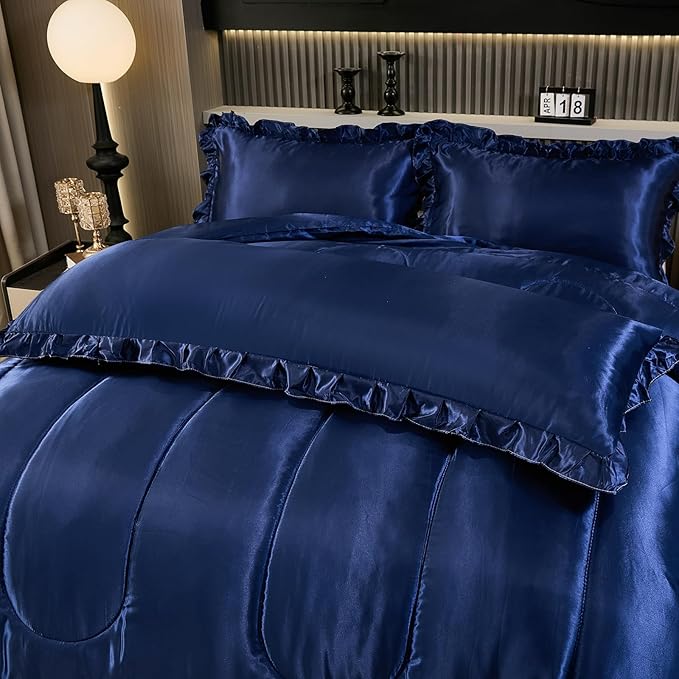 Satin Queen Comforter Silk Like Bedding 4 Pcs Hotel Soft Polyester Navy Blue Bed Set Luxury Silky Body Pillow Cover Ruffle Home Decor
