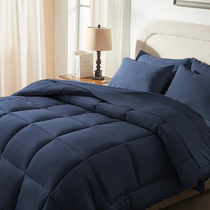 SunStyle Home Navy Blue King Size Comforter Set - 7 Pieces Bed in a Bag, Lightweight Goose Down Alternative Bedding Sets with All Season Comforter, 1 Flat Sheet, 1 Fitted Sheet, 4 Pillowcases