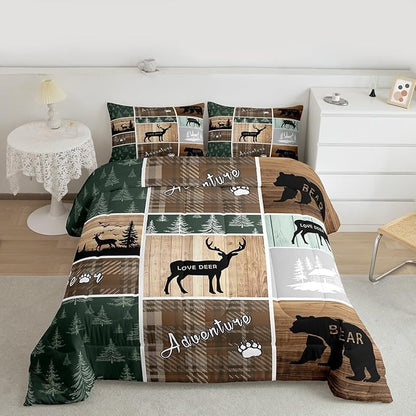 Retro Cabin Comforter Set 3Pcs, Pine Tree Buffalo Plaid Quilt Bear Deer Elk Bedding, Forest Wildlife Woodland Animals Duvet Insert Hunting Lodge Country Rustic Farmhouse Bedroom Decor, King Size