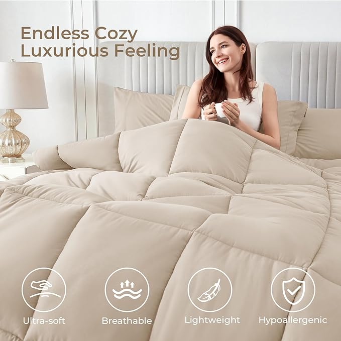 Sasttie Twin Comforter Set, 5 Pieces Bed in a Bag Twin, Complete Bedding Set Includes Comforter, Flat Sheet, Fitted Sheet, Pillowcase and Pillow Sham, Beige