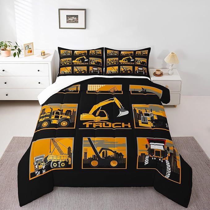 Erosebridal Excavator Comforter Set King Tractor Truck Bedding Set Construction Vehicle Down Comforter for Boys Kids Girls Teens Cartoon Heavy Machinery Car Bedding Sets & Collections, Gray Yellow