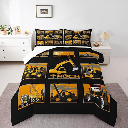 Erosebridal Excavator Comforter Set King Tractor Truck Bedding Set Construction Vehicle Down Comforter for Boys Kids Girls Teens Cartoon Heavy Machinery Car Bedding Sets & Collections, Gray Yellow