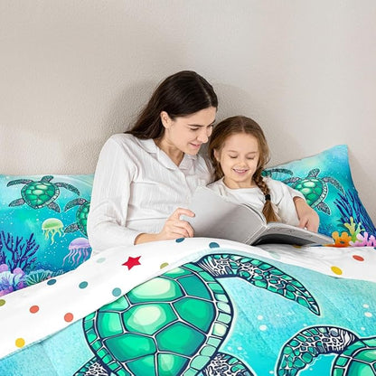 Sea Turtle Bedding Set Green Blue Ocean Duvet Insert Twin,Colorful Underwater World Comforter Set for Kids Child,Nautical Sea Animal Reptile Quilted Duvet Under Sea Fish Jellyfish Bedroom Decor