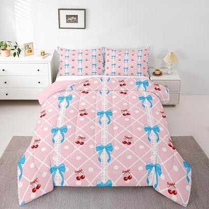 Feelyou Girls Bow Comforter Set King Size Cute Bowknot Bedding Set for Boys Teens Decor Kawaii Cherry Comforter Stripes Duvet Set Bedroom Blue Bow Quilt Set 3Pcs