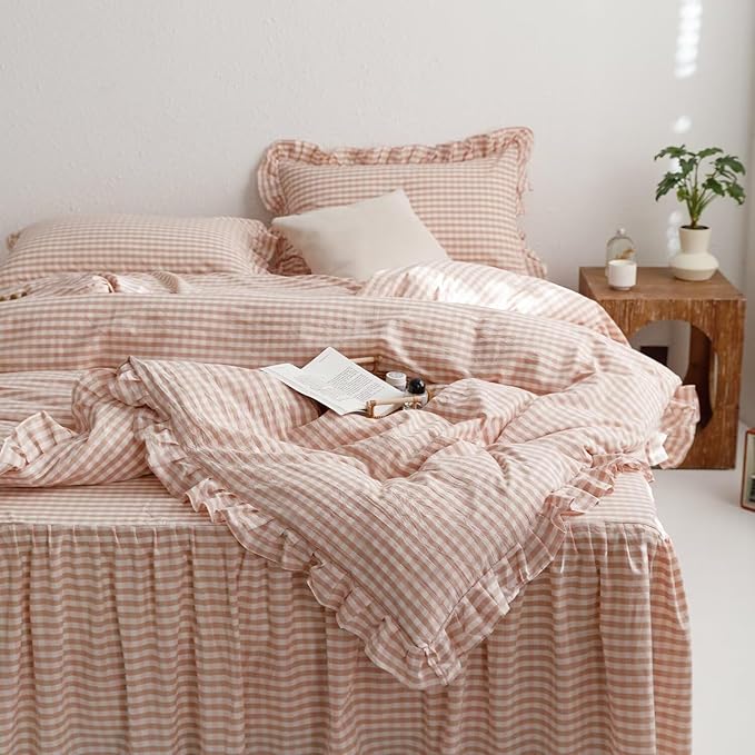 mixinni Vintage Pink Gingham Ruffle Comforter Set 3-Piece Washed Cotton Twin XL Size Grid Bedding Set with Geometric Checkered Pattern, Farmhouse Chic Soft Fluffy Comforter for All-Season