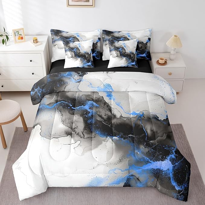 7pcs Black and Navy Blue Marbling Bedding Twin Size Aesthetic Marble Comforter Set, Watercolor Artwork Bedding Comforter Sets Abstract Marbling Bed in a Bag, Mountain Fluid Bedding Accessories