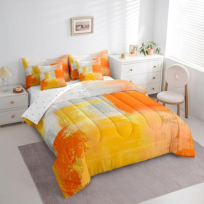 Erosebridal White Gray Orange Bedding King Size 7-Piece Oil Painting Comforter Set, Ombre Gradient Bed in a Bag with Flat Sheet and Fitted Sheet Graffiti Abstract Bedding Comforter Sets