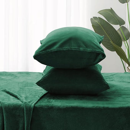 BEDELITE Flannel Sheets Queen Size Dark Green - Super Soft Fleece Sheets Set Fluffy Extra Plush, 4 Piece(Include Fitted Sheet, Flat Sheet, 2 Pillowcases)