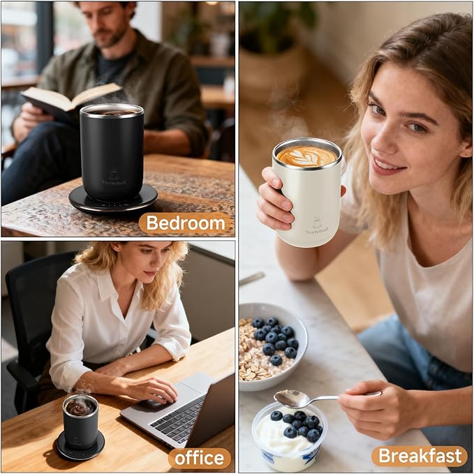 Coffee Mug Warmer 11oz,Self Stirring Smart Mug Warmer with Temperature Control & Auto Shut-Off,Stainless Steel Electric Heated Coffee Mug with Detachable Heating Base for Home,Kitchen & Gifts (White)