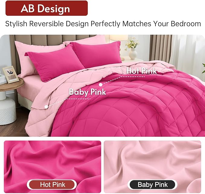 MUXHOMO 7 Pieces Queen Comforter Set, Reversible Bed in a Bag Queen Size, All Season Bedding Set with Comforter, Flat Sheet, Fitted Sheet, Pillowcases & Shams, Hot Pink & Baby Pink