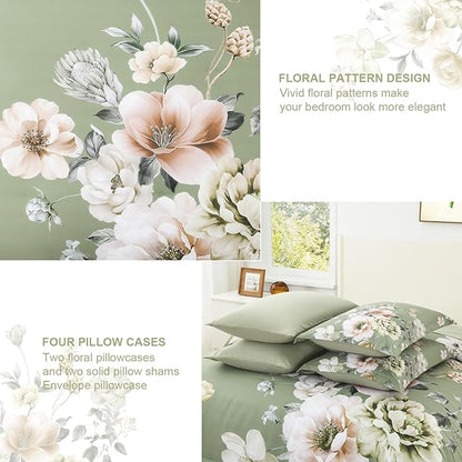 Floral King Size Comforter Set - 7 Piece Botanical Green Flower Bed in a Bag Ulter Soft Microfiber Bedding Set, Lightweight Bed Comforter Set with Sheets for All Season (Green, King)
