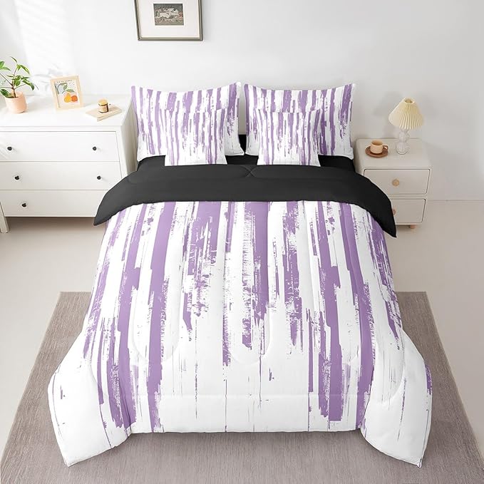 Erosebridal 7Pcs Lavender White Boho King Comforter Set,Geometric Stripes Striped Abstract Bed in A Bag for Women Men Adults Teens,Modern Art Aesthetic Violet Purple Ink Quilt Set with Pillowcases