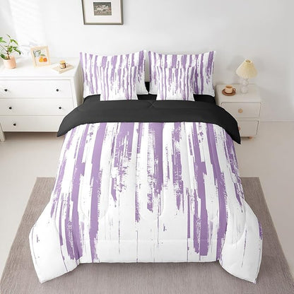 Erosebridal 7Pcs Lavender White Boho Queen Comforter Set,Geometric Stripes Striped Abstract Bed in A Bag for Women Men Adults Teens,Modern Art Aesthetic Violet Purple Ink Quilt Set with Pillowcases
