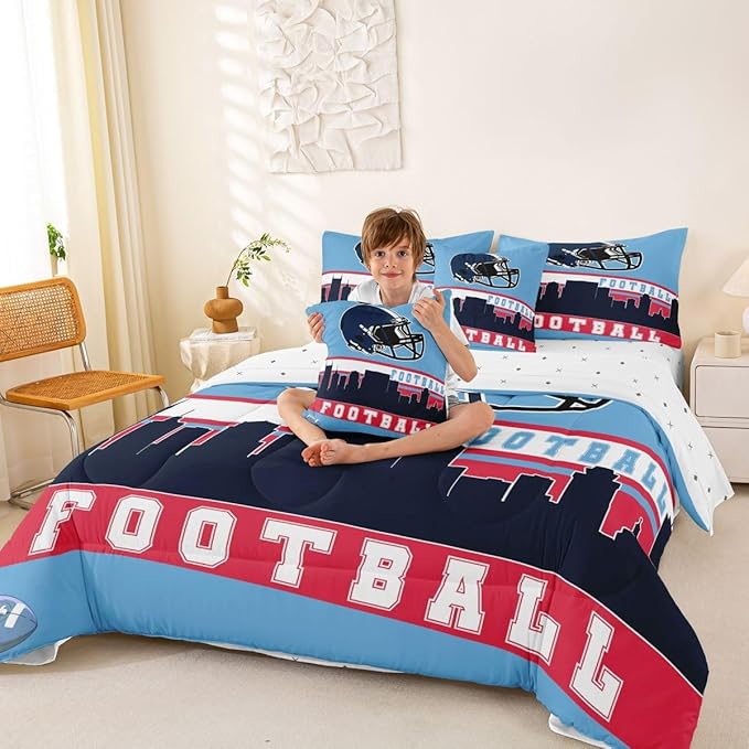 Erosebridal Football 7 Pcs Comforter Set Full Football Fans Bedding for Boys Girls Football City Sheet Set Bed in A Bag Purple Rugby Competition Room Decor Sports Ball Game Quilt