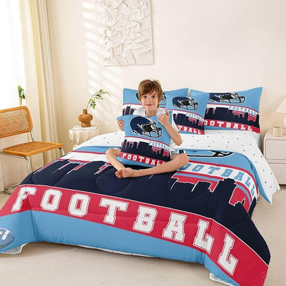Erosebridal Football 7 Pcs Comforter Set Queen Football Fans Bedding for Boys Girls Football City Sheet Set Bed in A Bag Purple Rugby Competition Room Decor Sports Ball Game Quilt