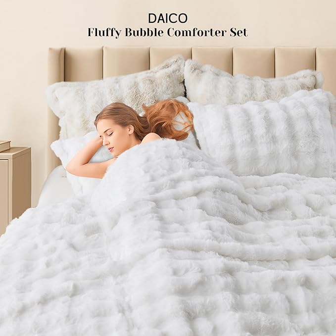 DAICO 3 Pieces Fluffy Faux Rabbit Fur Comforter Set King Size White Plush Fuzzy Bubble Comforter Bedding Set Warm Cozy Bedding Comforter Sets for Winter, 1 Comforter and 2 Pillowcases