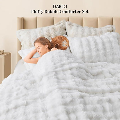 DAICO 3 Pieces Fluffy Faux Rabbit Fur Comforter Set King Size White Plush Fuzzy Bubble Comforter Bedding Set Warm Cozy Bedding Comforter Sets for Winter, 1 Comforter and 2 Pillowcases