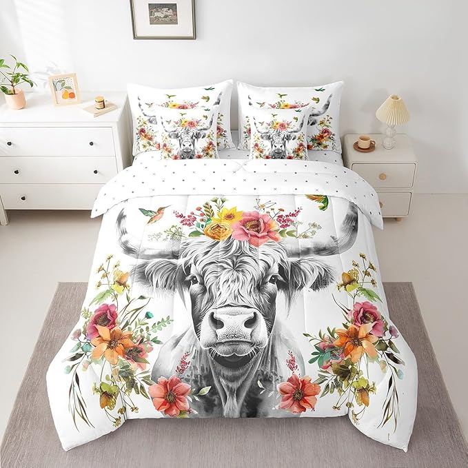 Erosebridal Highland Cow Floral Comforter Set 7 Piece Full Size Bull Cattle Flower Bed in a Bag Wildlife Farmhouse Cow Quilt Set Hummingbird Sheet Set Soft Reversible All Season White Bedding Set