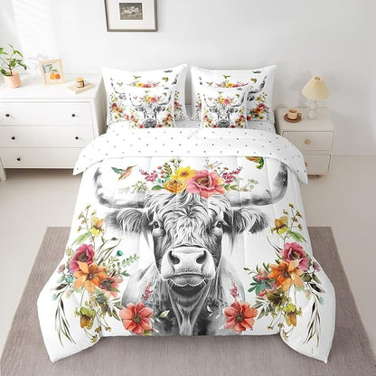 Erosebridal Highland Cow Floral Comforter Set 7 Piece King Size Bull Cattle Flower Bed in a Bag Wildlife Farmhouse Cow Quilt Set Hummingbird Sheet Set Soft Reversible All Season White Bedding Set