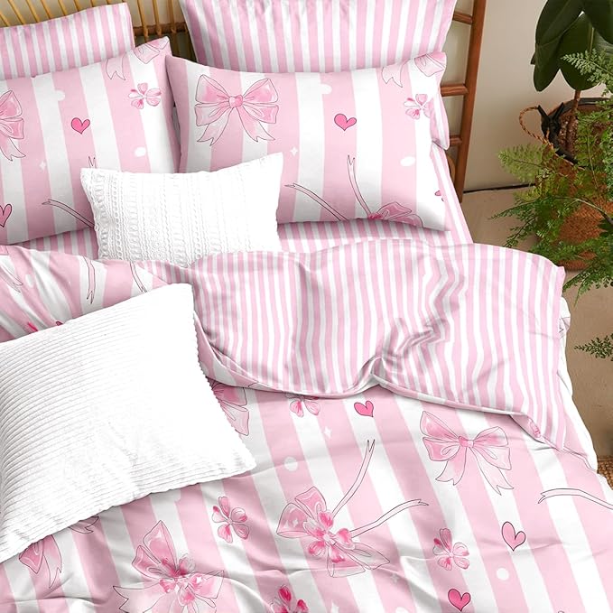 Pink Bow Comforter Set Queen Pink White Striped Bedding Set Girls Coquette Bedding Soft Lightweight Princess Style Comforter with 2 Pillowcases