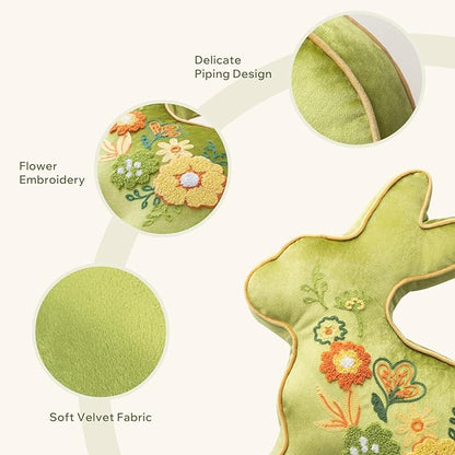 Phantoscope Happy Easter Bunny Shaped Throw Pillow, Embroidered Floral Patterns Cushion Soft Velvet Easter Rabbit Decorative Pillow for Couch Living Room Bed, Green,18.5 x 13 inches