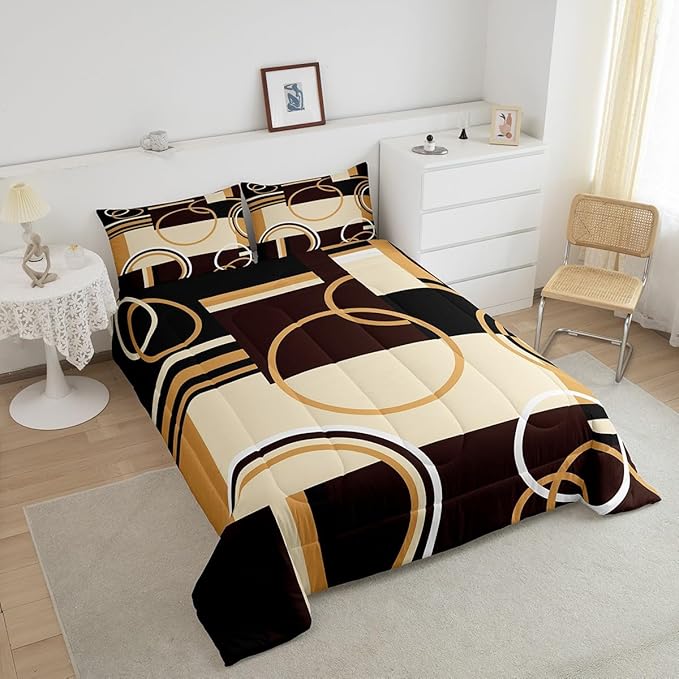 Erosebridal Modern Geometric Comforter Set Full Size Brown Black Stripes Down Comforter for Kids Adult Retro Circle Swirls Bedding Set Bedroom Decor Abstract Texture Color Art Comforter