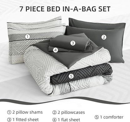 Drucon Black and Grey Comforter Set Full Size 7 Piece Bed in a Bag, Boho Striped Bedding Set, Soft Microfiber Comforter and Sheet Set for All Season