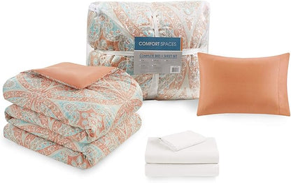 Comfort Spaces Bed in A Bag - Trendy Casual Design Cozy Comforter with Complete Sheet Set with Side Pocket, All Season Cover, Matching Shams, Twin XL(66 in x 90 in), Gloria, Damask Coral 6 Piece